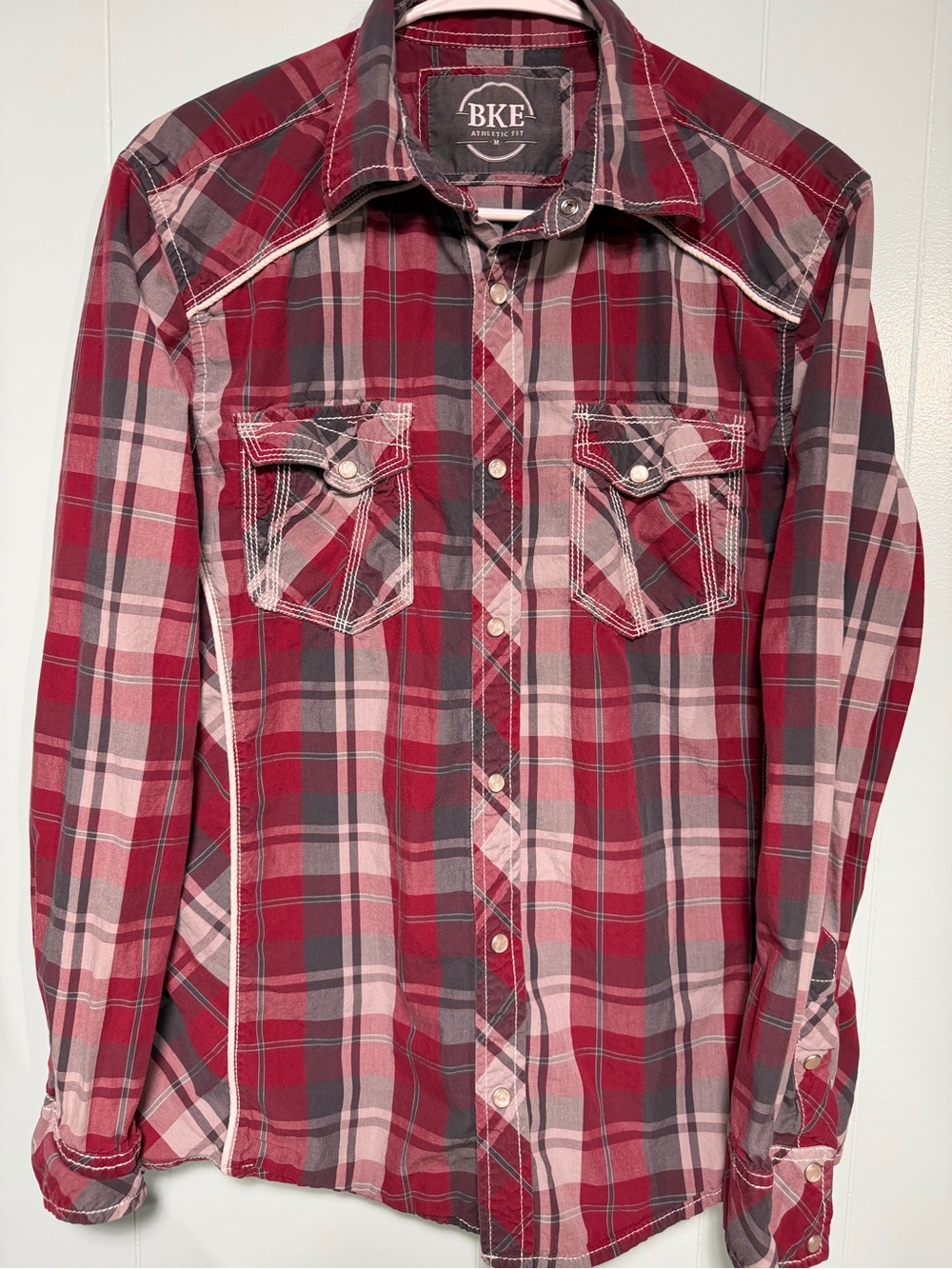 BKE Burgundy Red and Gray Plaid Western Pearl Snap M Shirt